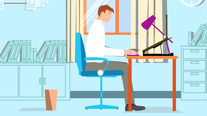 An illustrated person sitting at their home office computer desk