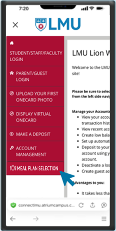 mobile phone view of meal plan selection button in Lion Wallet