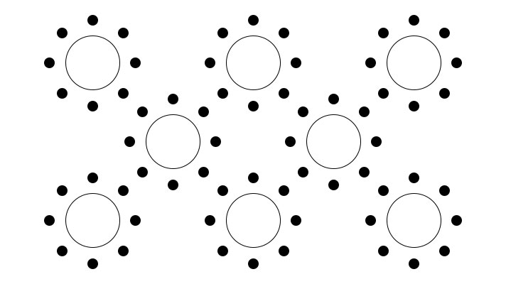 Three rows of eight round tables, each with eight chairs
