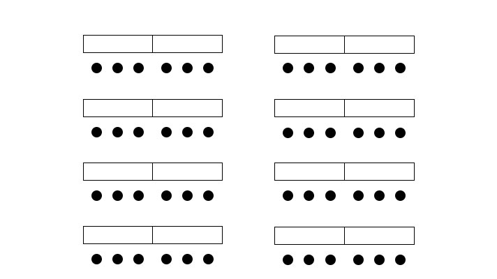 Two groupings of two side-by-side tables in four rows, three seats per table facing forward
