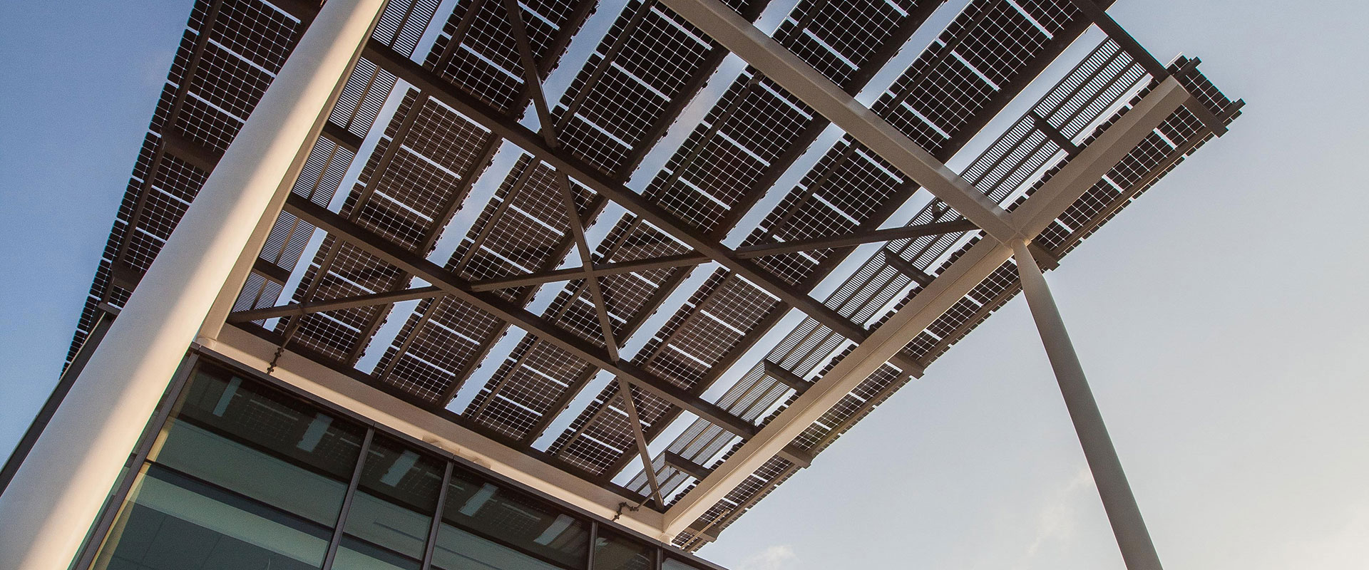 A view of the underside of the roof of the Life Science Building, looking up toward the sky