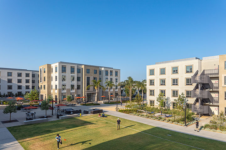 Aerial view of the courtyard area between Palm North and South