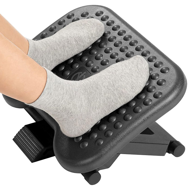An elevated and adjustable footrest to be positioned under a person's desk while they work