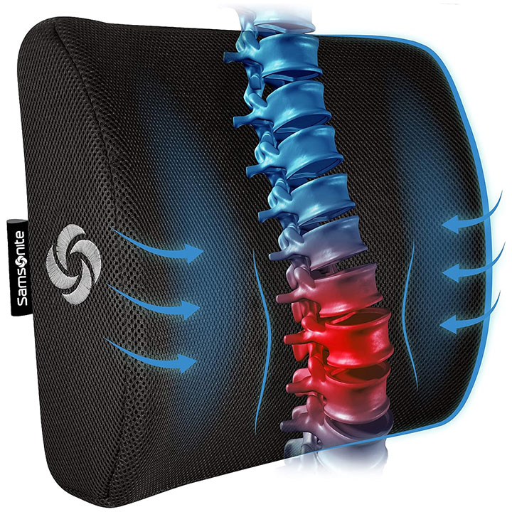 A pillow to be placed in an office chair to contour to and support the lower back