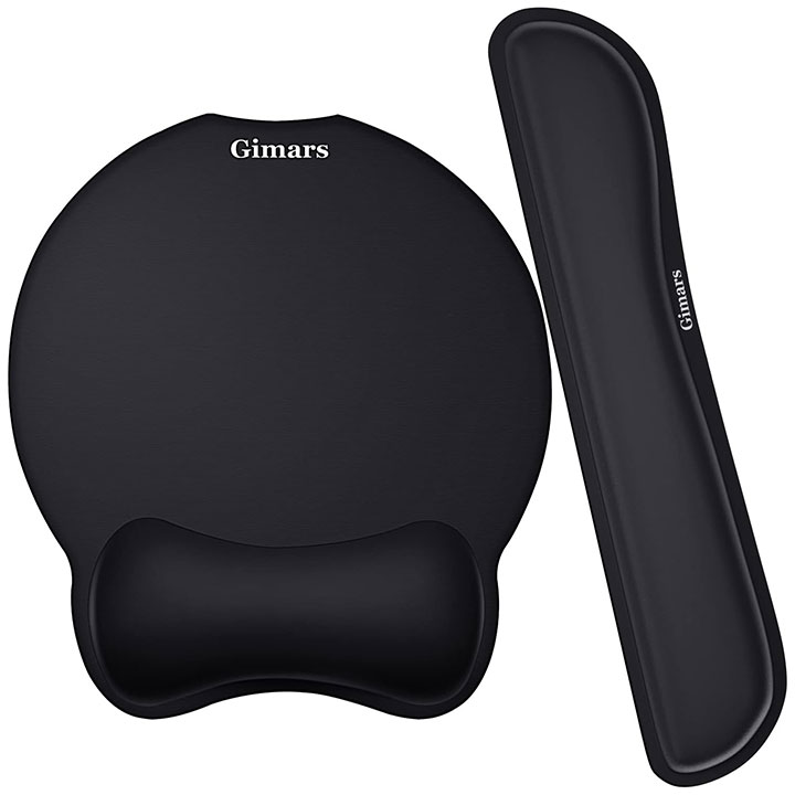 A round mouse pad with cushion under where the wrist would go, and a thin cushion to be placed in front of the keyboard