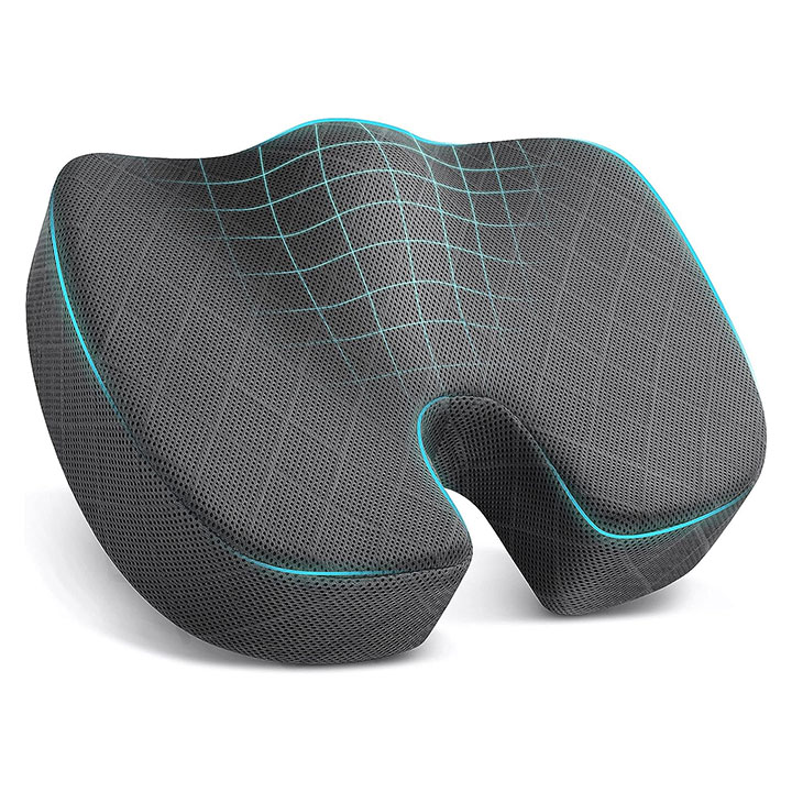 An ergonomic cushion to sit on while seated in an office chair