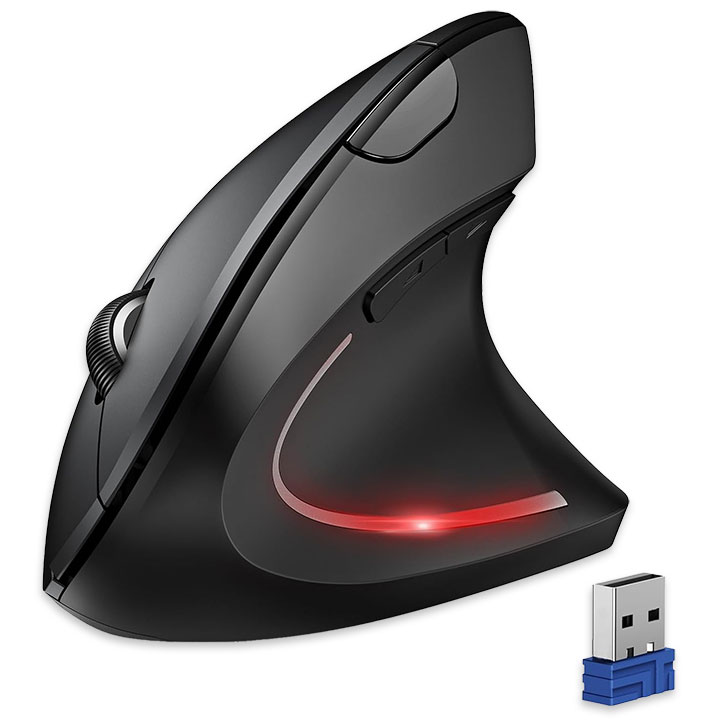 A mouse designed so that the left button, right button, and center scroll wheel are at an upward angle to allow the user's hand to sit with their palm facing toward them rather than with the palm facing downward