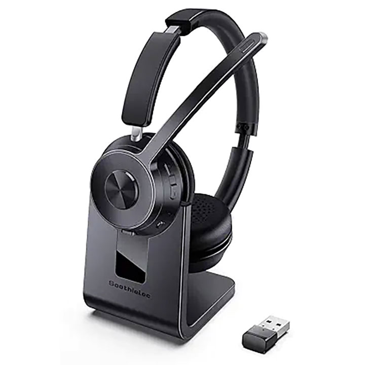 A set of wireless over-ear headphones sitting on a stand