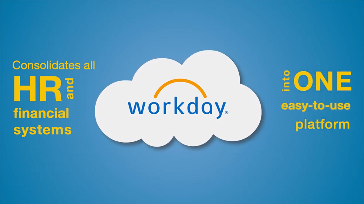 The Workday logo inside of a cloud, with words indicating that Workday consolidates all HR and financial systems into one easy-to-use platform
